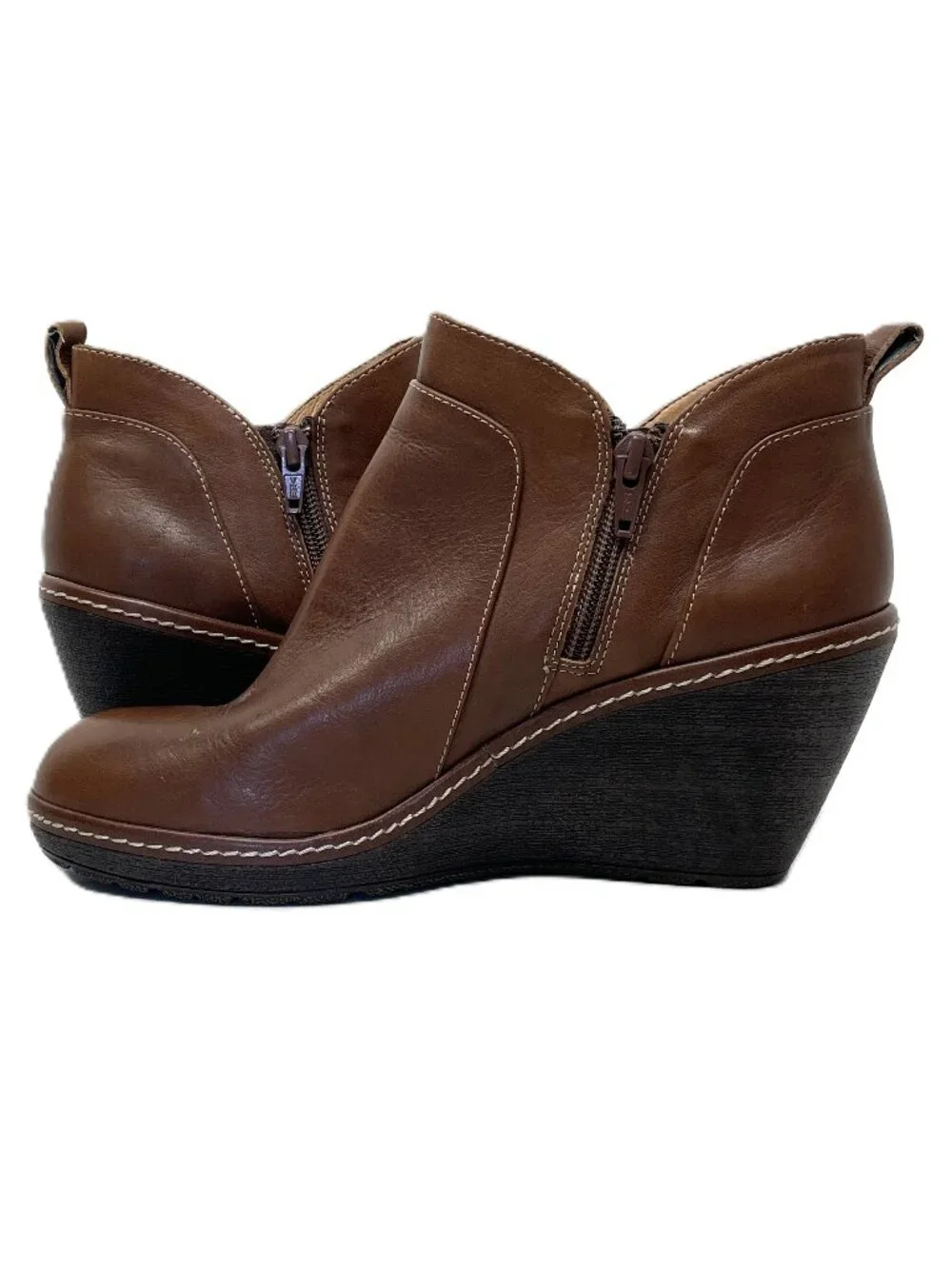 Sofft Ankle Boots Womens 9 M Brown Leather X Accent Side Zip Wedge Heel Booties